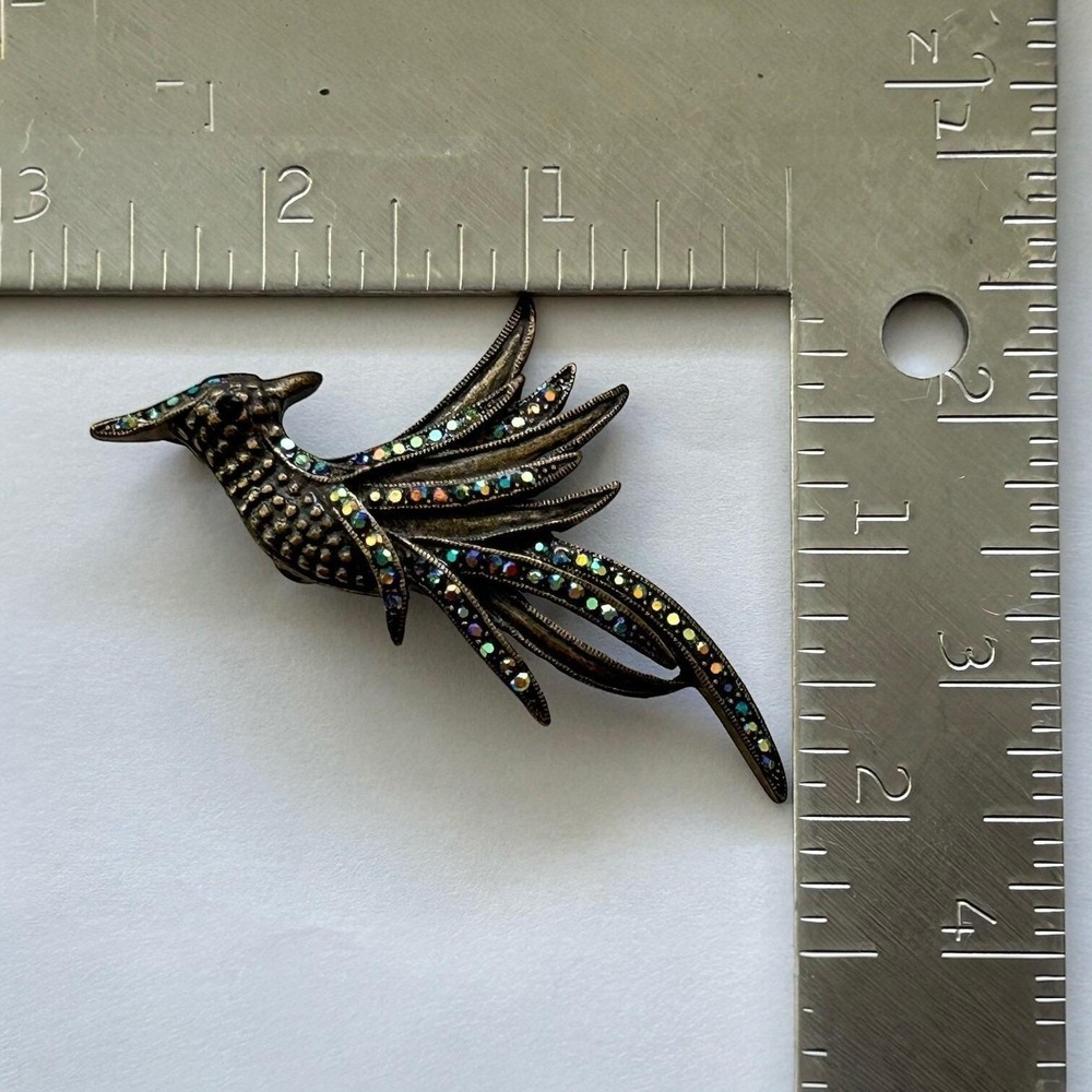 Bird Brooch Pin Vintage Style Aurora Borealis Rhinestones Statement Jewelry - Picture 3 of 4